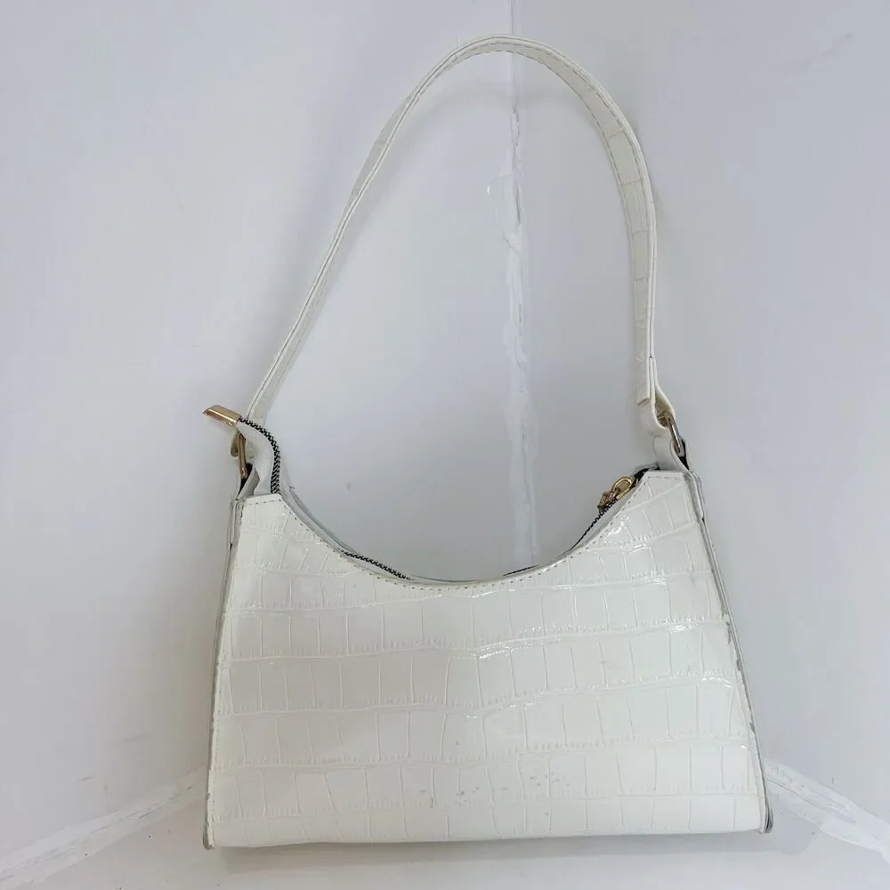 Shein White Faux Patent Leather Crocodile Embossed Shoulder Bag